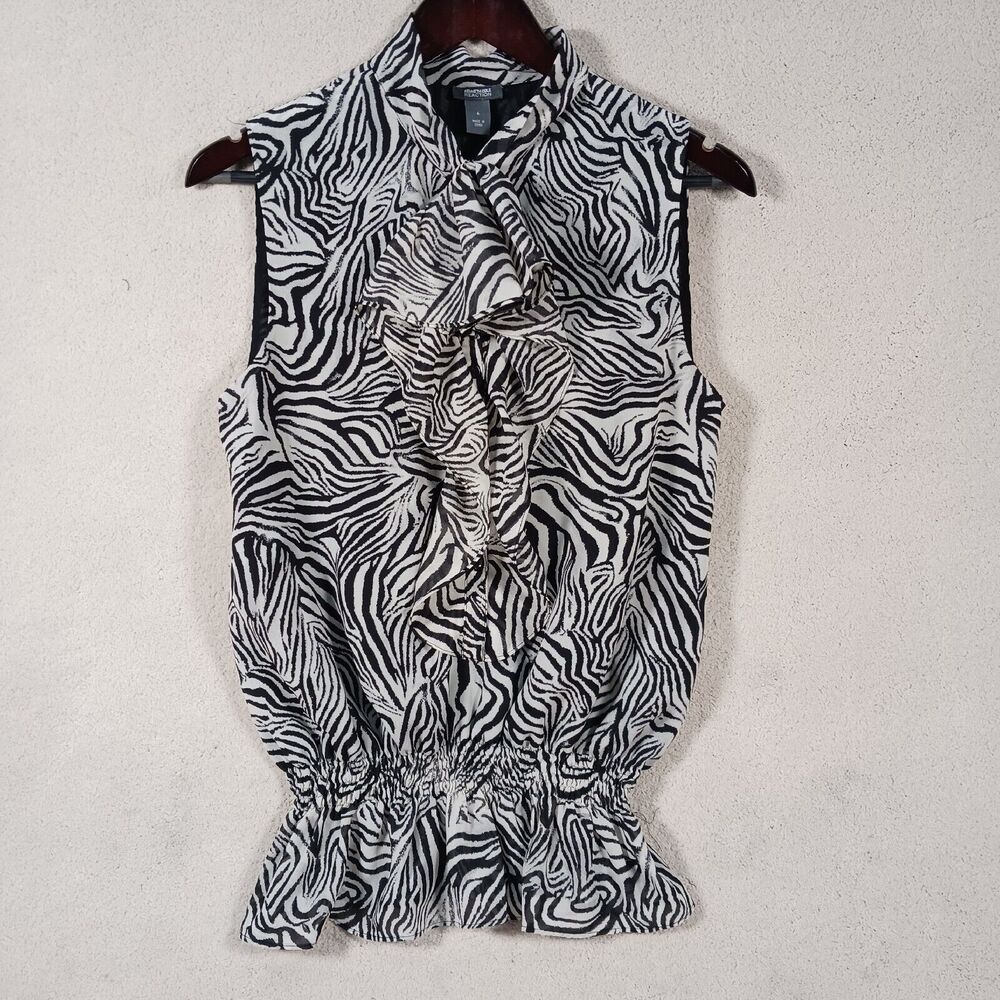 Kenneth Cole Reaction Brack & White Zebra Strip Sleeveless Blouse Flounce